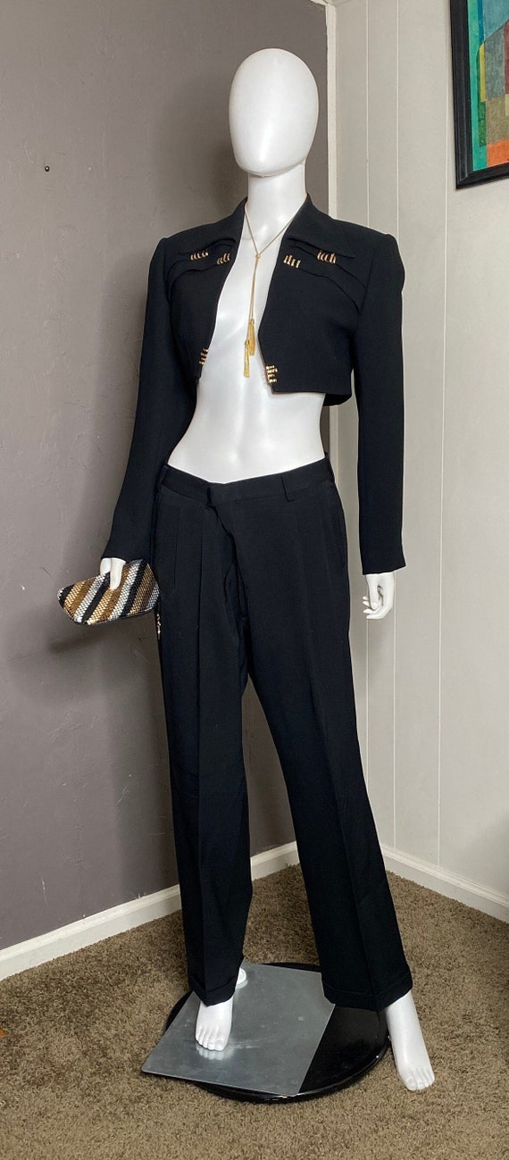 1980's Cropped Black Blazer with Gold Brass Bars … - image 1