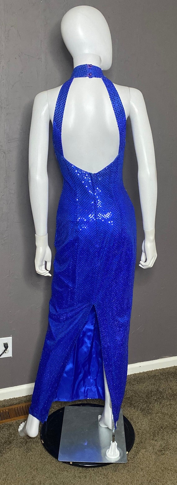 1980’s Vintage Blue Sequined Column Dress with Ha… - image 5