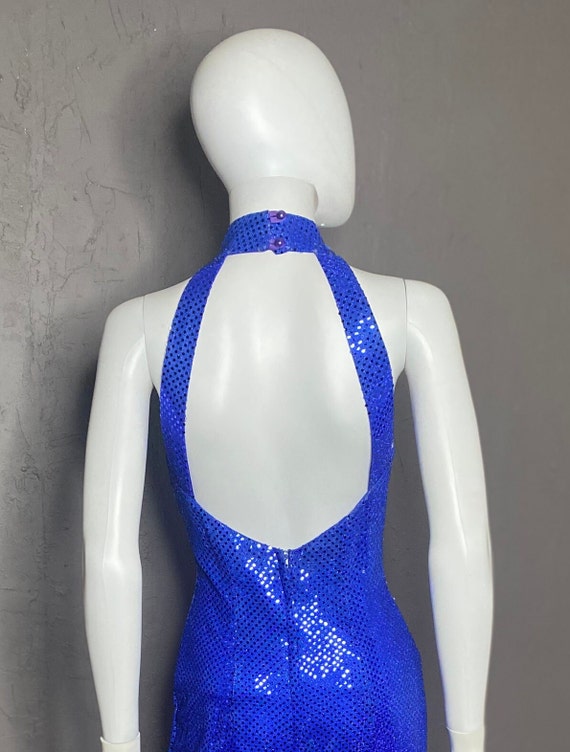 1980’s Vintage Blue Sequined Column Dress with Ha… - image 6