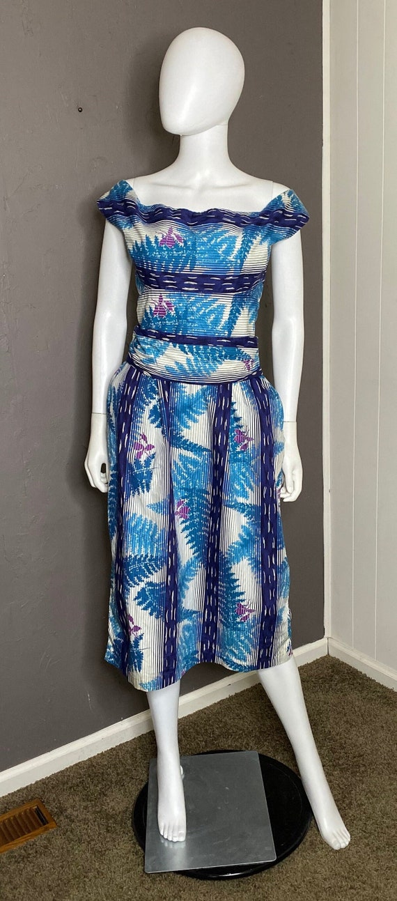 1950’s Blue  Tropical Fern Print Party Dress by M… - image 1