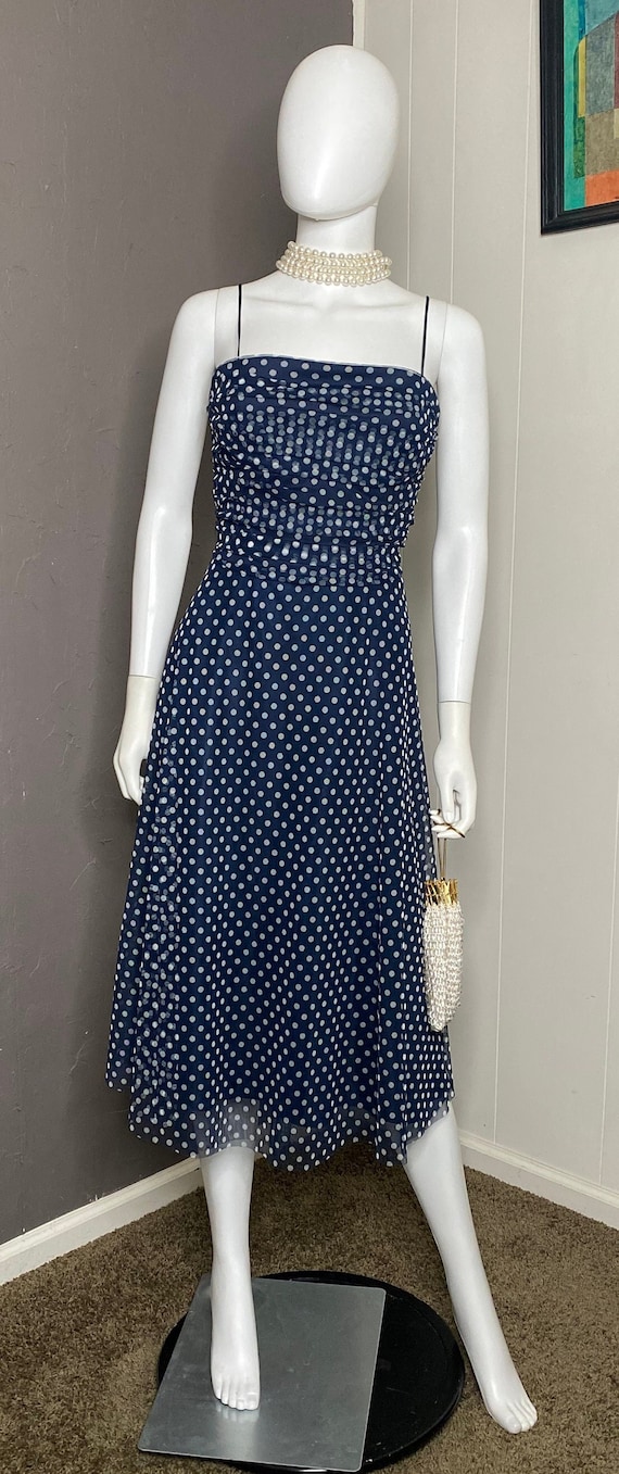 1990’s Navy Polka Dot Fit and Flare Mesh Dress by 