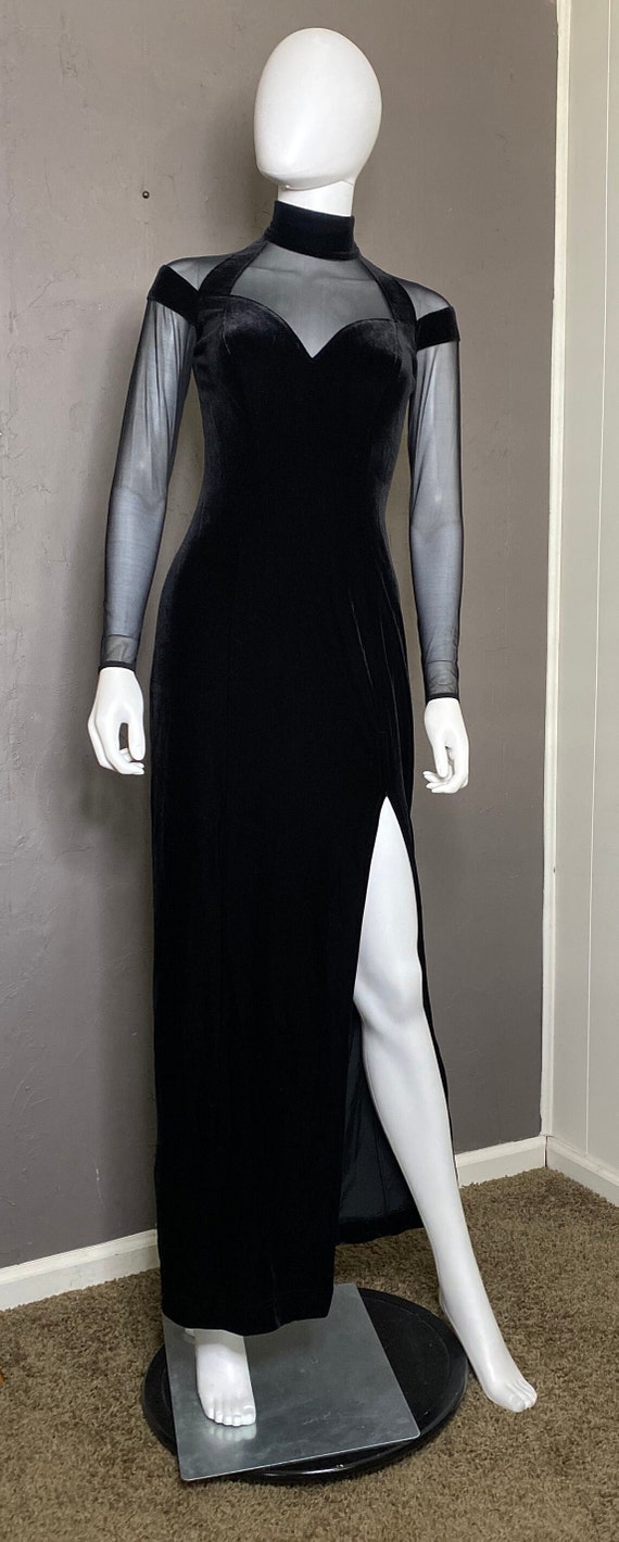 1990’s Black Velvet and Mesh Gown by TADASHI size… - image 2