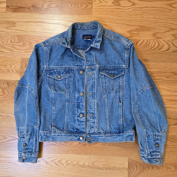 1990s Dirty Denim Jean Jacket Calvin Klein Size Large Denim Trucker Jacket Classic Blue Stonewash