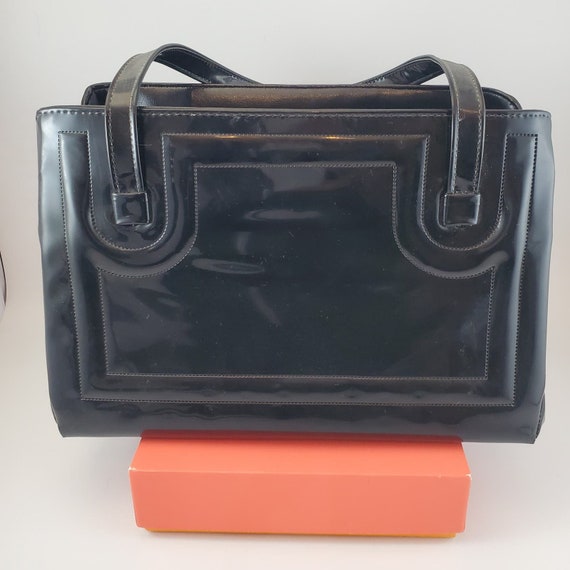 60s Black Purse 3 Compartment Handle Bag Shoulder… - image 2