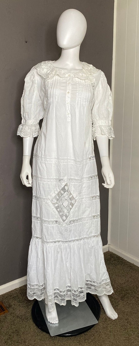 1990's Edwardian Style White Cotton Day Dress by … - image 1