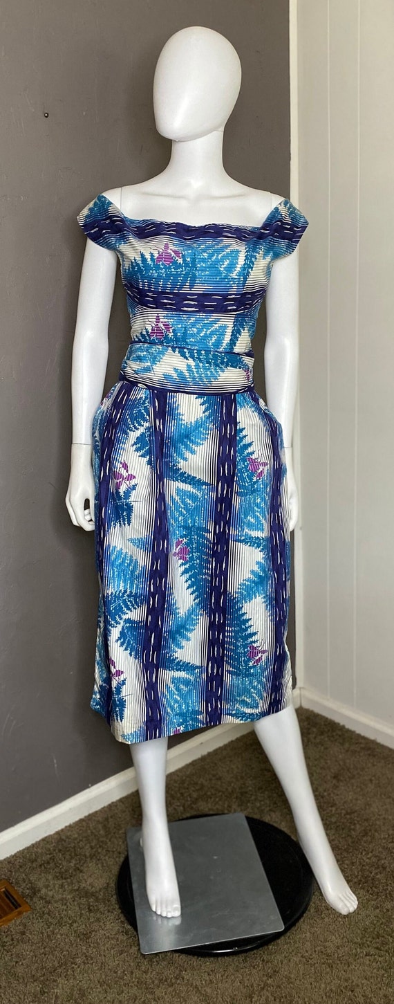 1950’s Blue  Tropical Fern Print Party Dress by M… - image 9