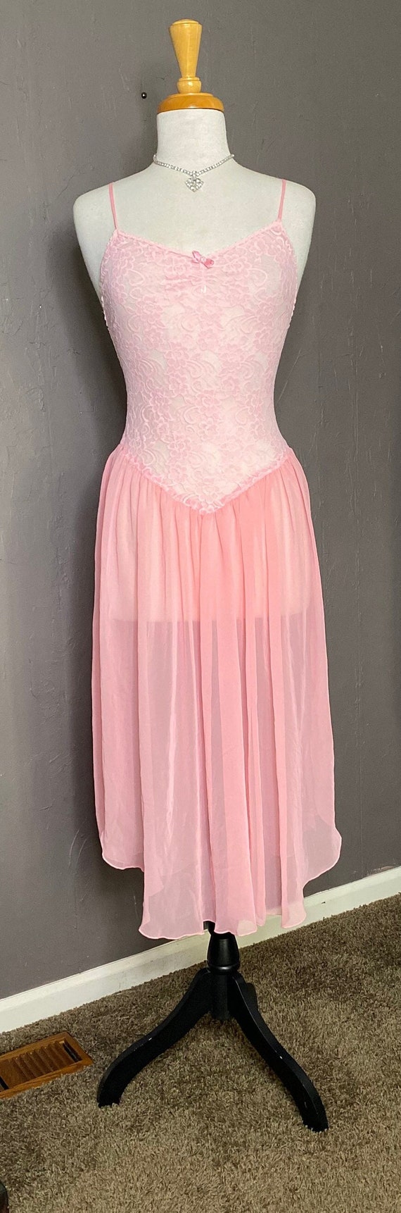 1980’s Pink Lace and Chiffon Nightgown by Morgan T