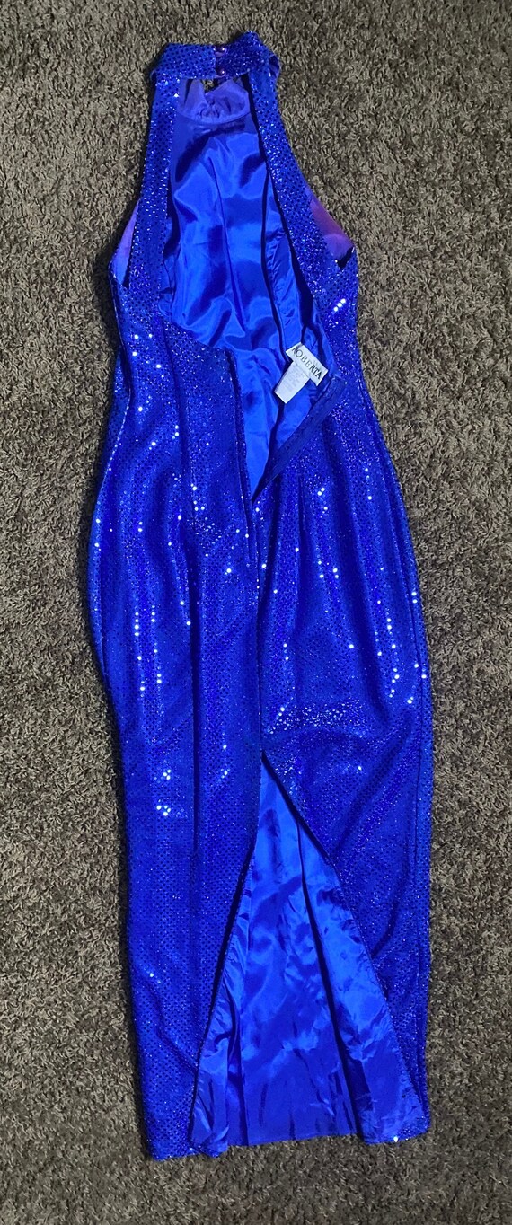 1980’s Vintage Blue Sequined Column Dress with Ha… - image 8