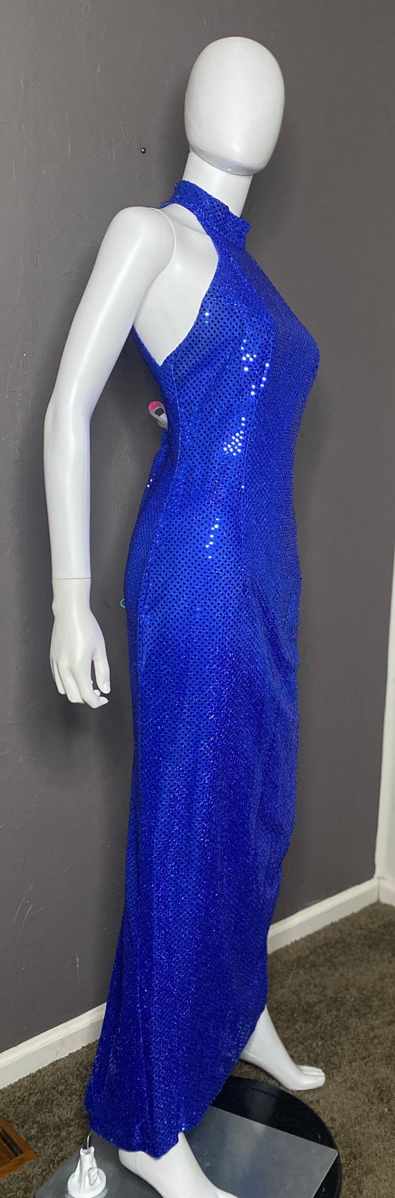 1980’s Vintage Blue Sequined Column Dress with Ha… - image 3