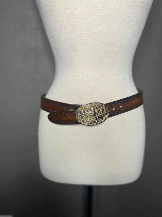 1970's Brown Leather Belt + Nameplate Belt Buckle