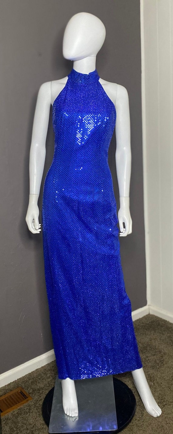 1980’s Vintage Blue Sequined Column Dress with Ha… - image 1