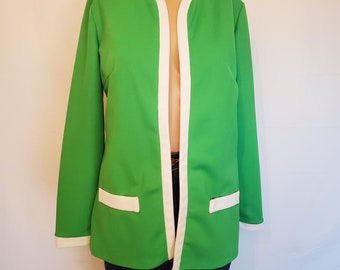 Giacca blazer da donna senza colletto verde e bianca anni '70 taglia media