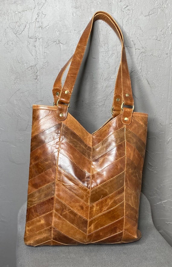 Distressed Brown Leather  Large Tote Chevron Patch
