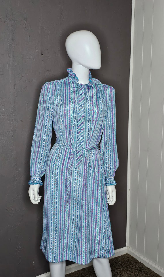 1980s Womens Blue Green White Pink Midi Dress Abst