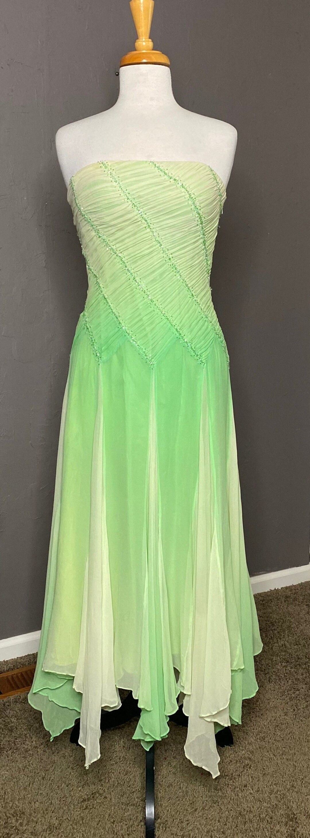 Neon Green Ombre Silk Chiffon Gown With Beading by Cachè Size 8/med Tinkerbell Prom Dress - Etsy