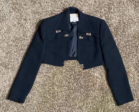 1980's Cropped Black Blazer with Gold Brass Bars … - image 6