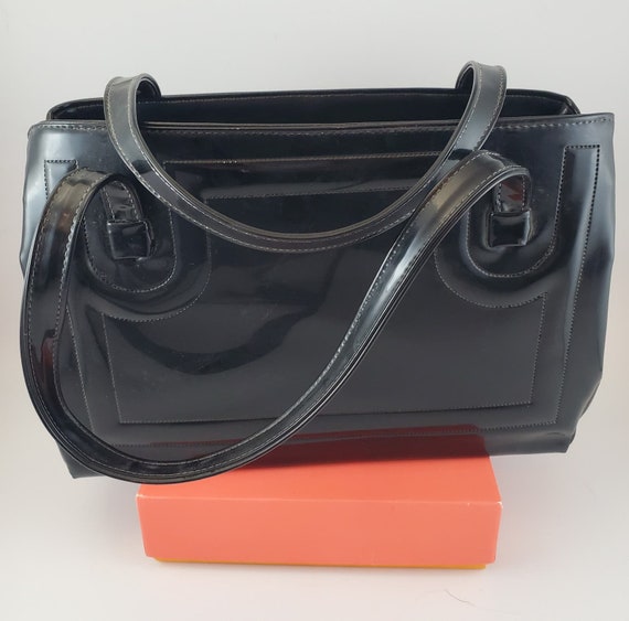 60s Black Purse 3 Compartment Handle Bag Shoulder… - image 3