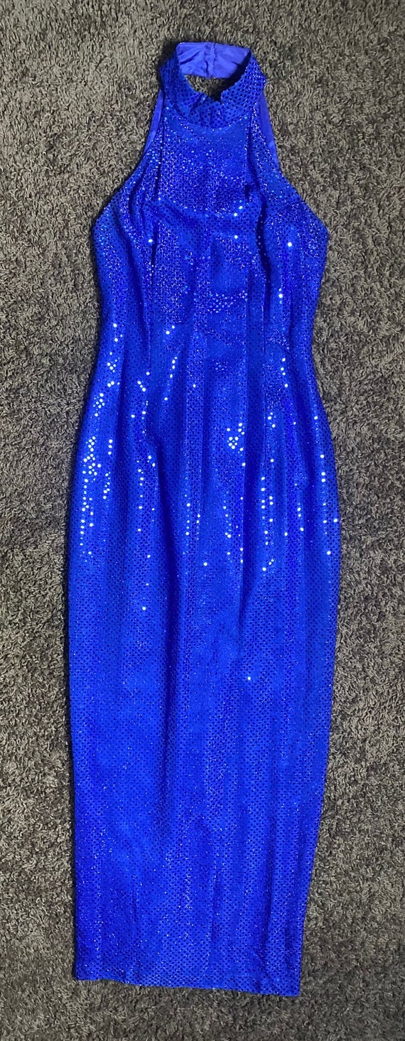 1980’s Vintage Blue Sequined Column Dress with Ha… - image 7