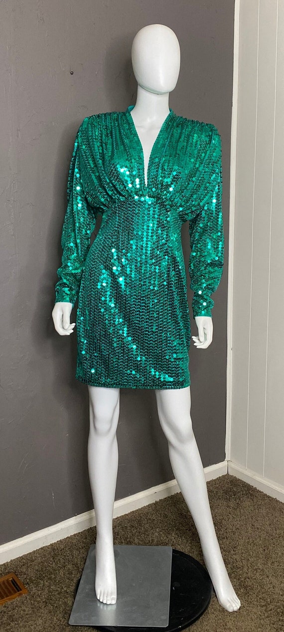 1980’s Emerald Green Sequined Cocktail Dress from 