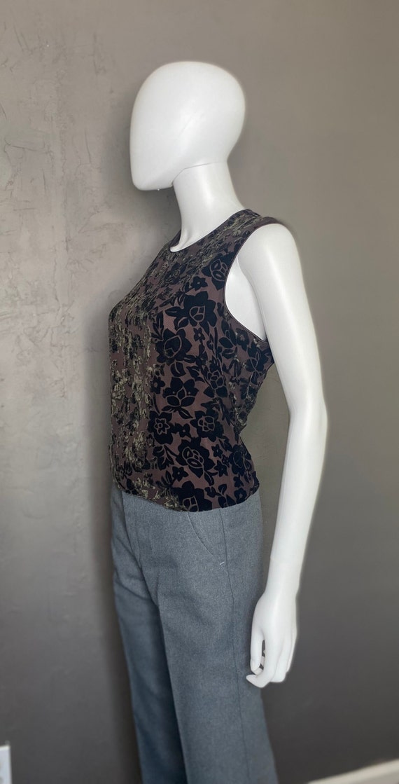 1990's Vintage Velvet Burnout Floral Top Brown Fl… - image 7