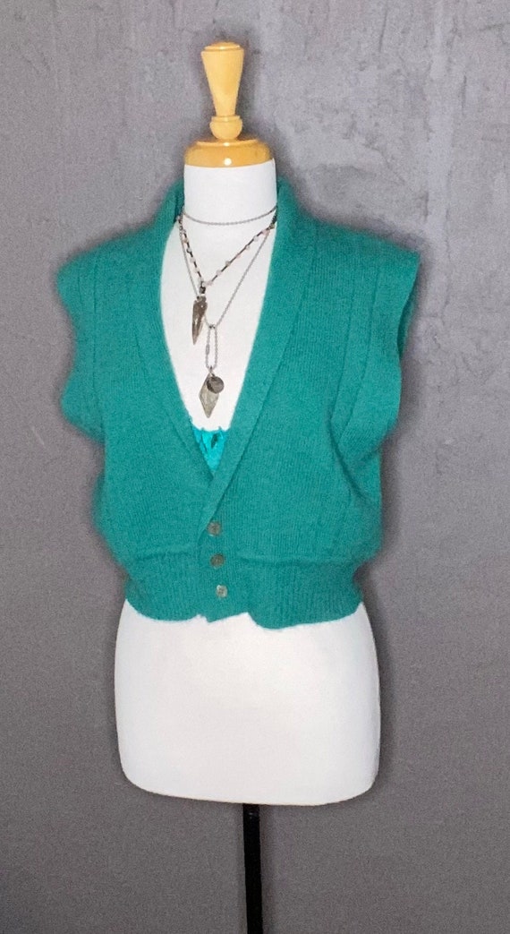 80s Cropped Sweater Vest Teal Green Boxy Vest 80s… - image 1