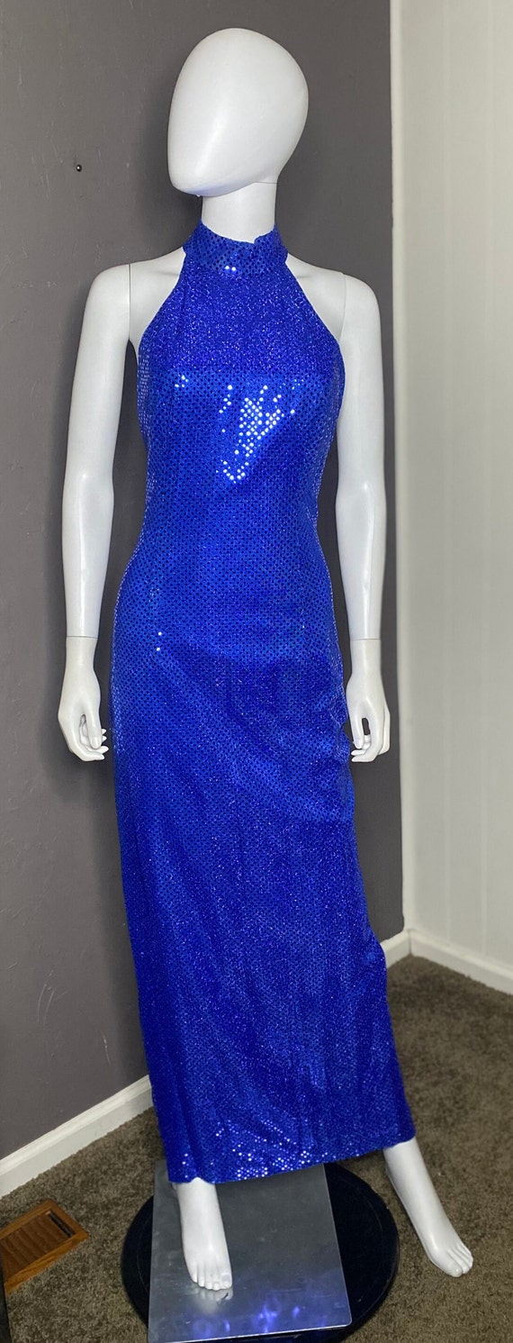 1980’s Vintage Blue Sequined Column Dress with Ha… - image 2