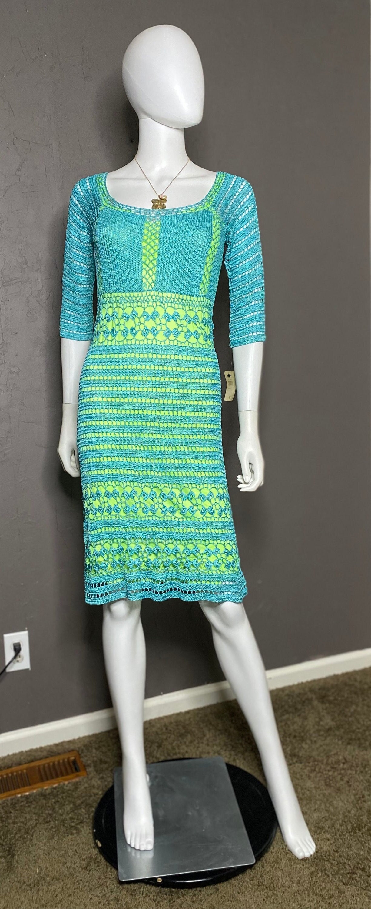abs crochet dress 1990's ABS Allen Schwartz Bohemian Blue Crochet Dress Size Medium Deadstock  New With Tags