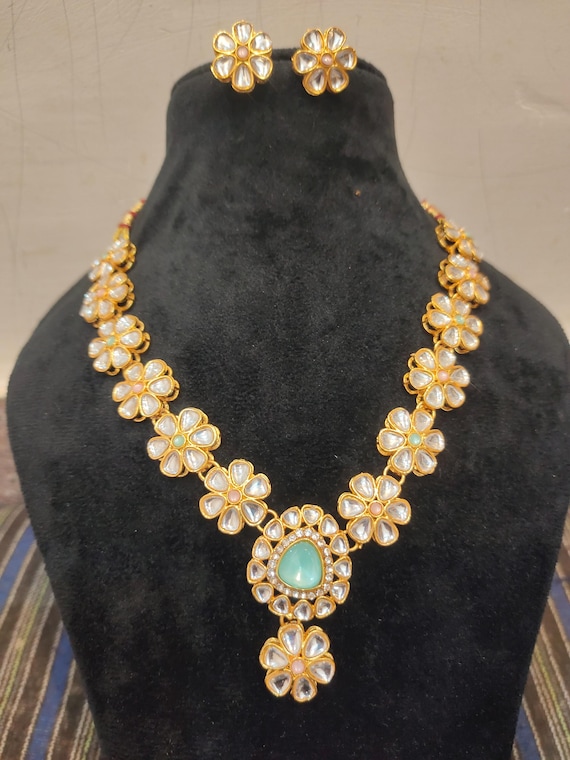 Handmade Brass Polky Necklace Set: Turquoise & Diamond Indian Jewelry