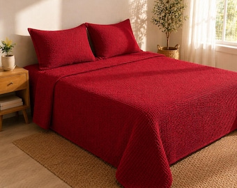 Set di lenzuola a nido d'ape rosse, biancheria da letto color cremisi intenso, copriletto morbido e testurizzato, lenzuolo con angoli in cotone, biancheria da letto moderna e minimalista, misura Queen e King.