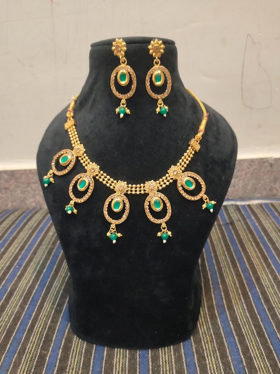 Handmade Brass Polky Necklace Set: Turquoise Indian Jewelry