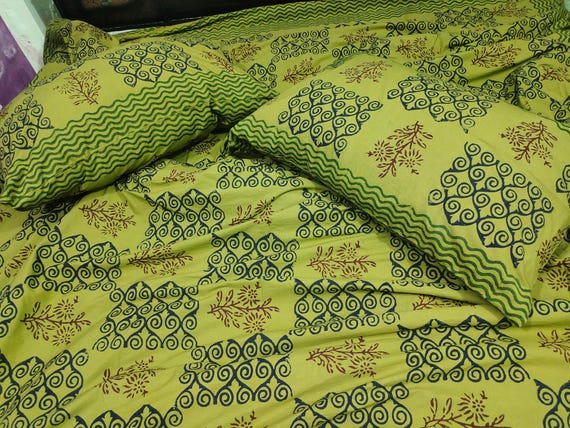 Handmade Block Print Cotton Duvet Cover Set: Olive Green Floral Bedding Set