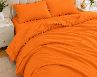 Juego de funda nórdica con pompones naranjas, juego de ropa de cama de algodón suave, decoración de dormitorio boho, funda nórdica de estilo rústico moderno, ropa de cama minimalista naranja,
