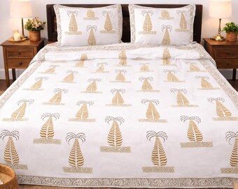 Juego de funda nórdica de algodón con estampado artesanal / Ropa de cama con estampado floral rosa claro