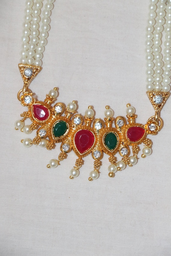 Handmade Brass Indian Necklace Set: Gemstone Coral & Polky Diamond Earrings