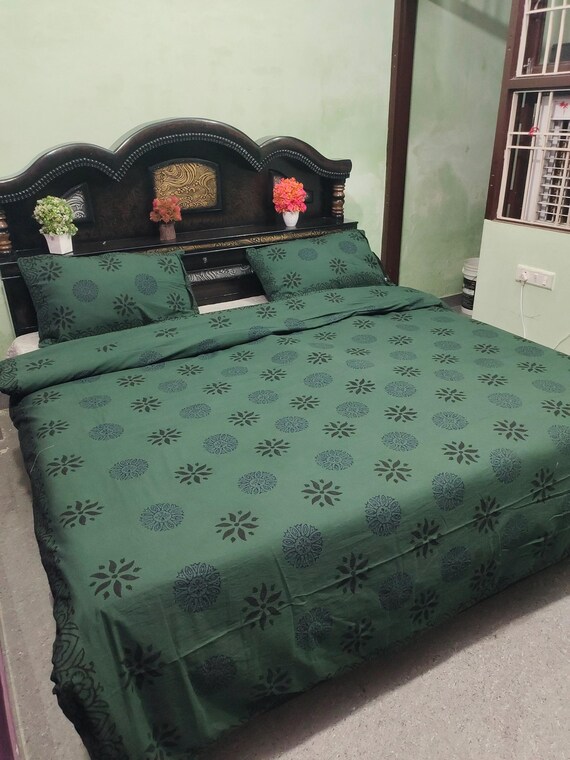 Handmade Block Print Cotton Duvet Cover Set: Deep Green Floral Quilt
