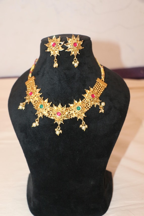 Handmade Brass Polky Necklace Set: Turquoise & Diamond Indian Jewelry
