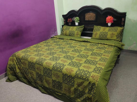 Handmade Block Print Cotton Duvet Cover Set: Olive Green Floral Bedding