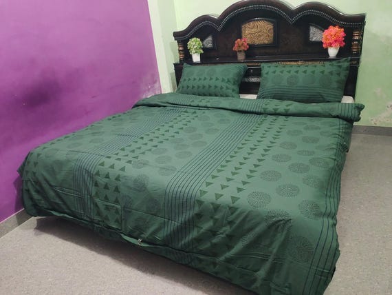 Deep Green Cotton Duvet Cover Set: Handmade Boho Mandala Bedding