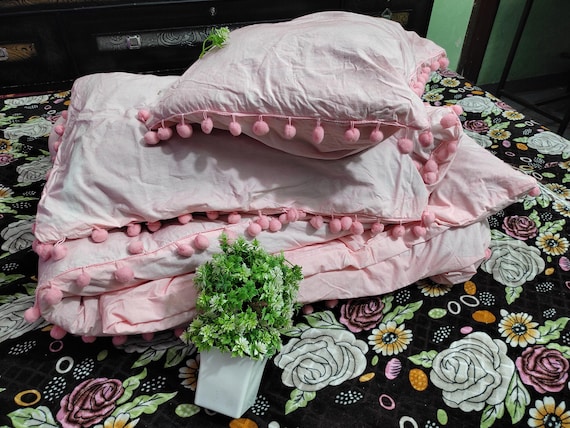 Pom Pom Duvet Cover Set with Pillowcases – 100% Cotton Bedding, Soft Breathable Quilt Cover, Boho Quilt Cover, Double/King Sizes