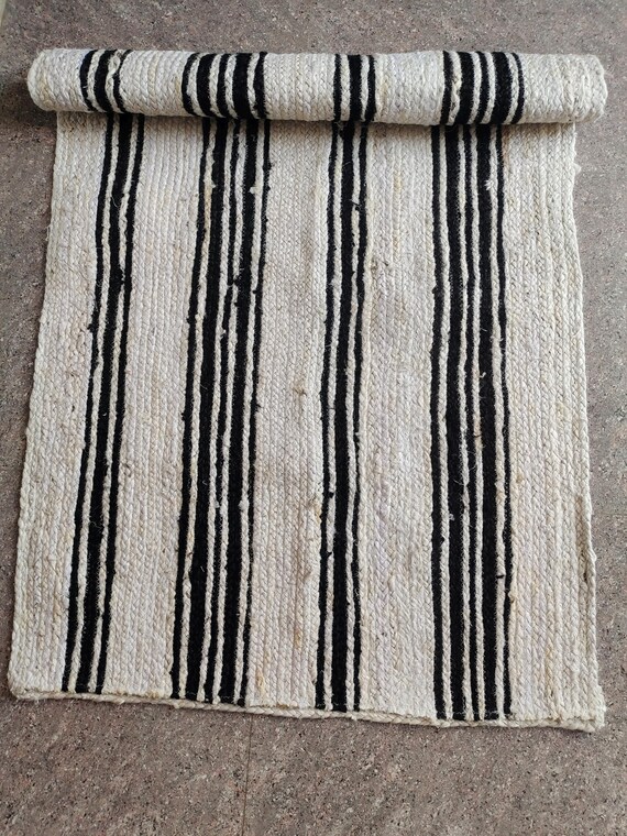 Handmade Jute Rug: Black & White Woven Entryway Carpet (3x5 ft, Custom Size Available)