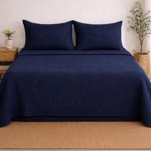 Navy Blue Waffle Bed Sheet, Fitted Sheet Queen King, Cotton Bedding Set, Waffle Blanket Throw, Deep Pocket Sheet, Comforter Bedding Sheet