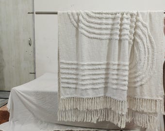 Handmade Ivory Cotton Throw Blanket: Boho Tufted Sofa Cover