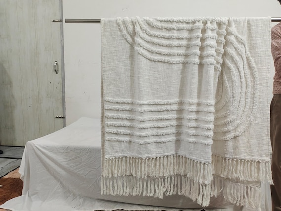 Handmade Ivory Cotton Throw Blanket: Boho Tufted Sofa Cover