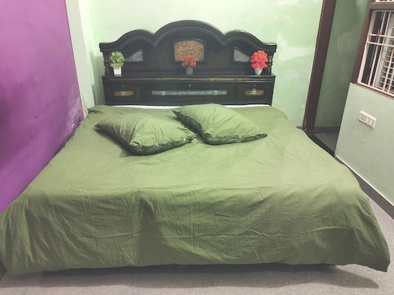 Olive Green Cotton Duvet Cover, Boho Bedding Set with Coconut Buttons Quilt Cover Sets