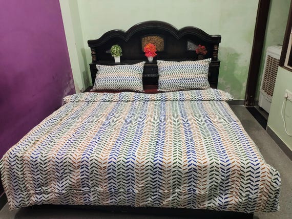 Hand Block Print Cotton Duvet Cover Set | King Size Leaf Pattern