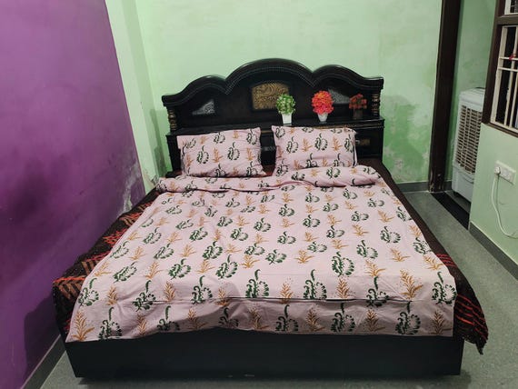 Hand Block Print Cotton Duvet Cover Set | Light Pink Floral Bedding