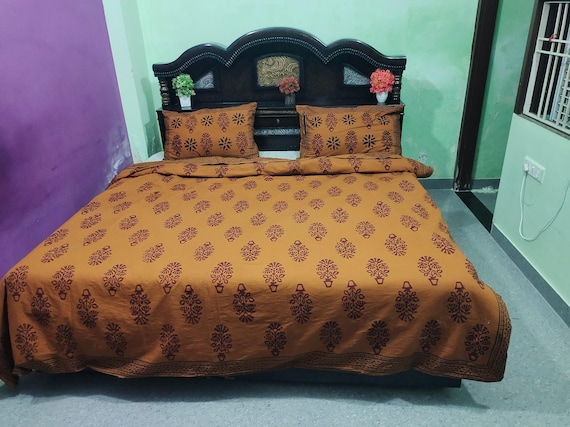 Brown Floral Block Print Duvet Cover Set - Handmade Cotton Boho Bedding