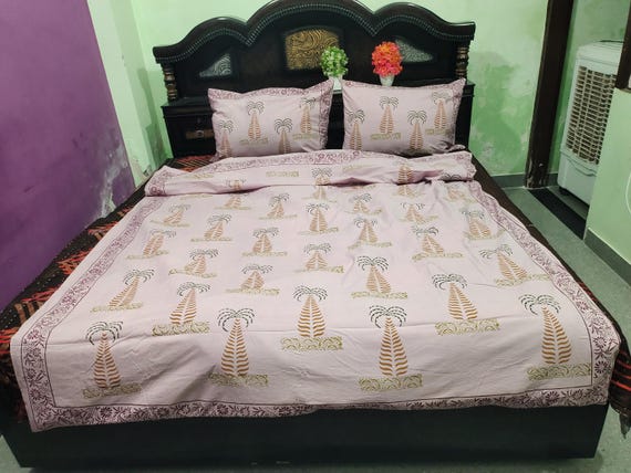 Hand Block Print Cotton Duvet Cover Set | Light Pink Floral Bedding