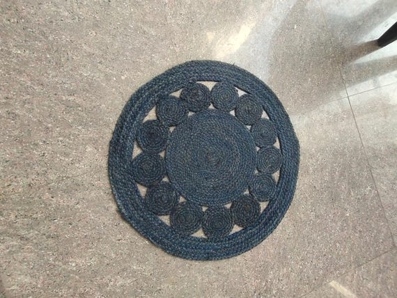 Handmade Blue Jute Rug: Round Cotton Accent Rug - 3x5 Feet