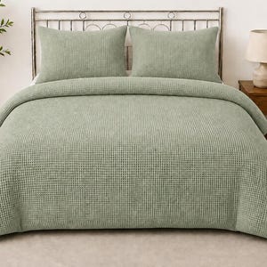 May include: Sage green waffle-weave bedspread and two matching pillowcases on a bed with a metal headboard. A wooden nightstand with a lamp and decorative vase is next to the bed. A potted plant is in the corner.